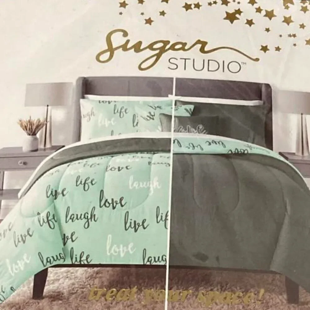 Sugar Studio Mint Green Blue and Grey FULL/QUEEN Comforter Set New